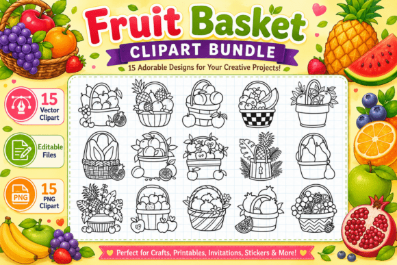 Download Fruit Basket Coloring Stamp Clipart PNG - Clipart Collection
