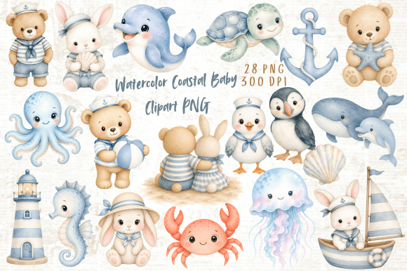 Download Watercolor Coastal Baby Clipart PNG - Premium Bundle