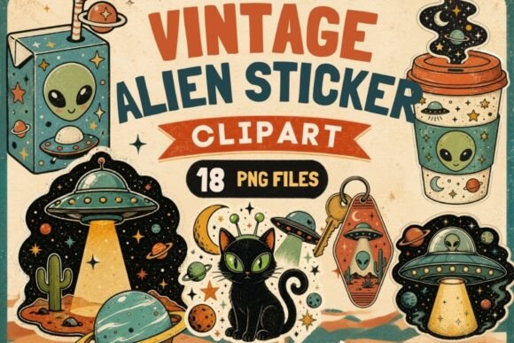 Download Vintage Alien Sticker Clipart | 18 PNG - Clipart Collection