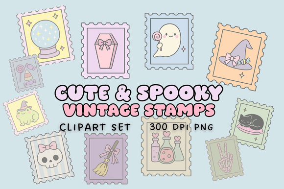 Download Cute &amp; Spooky Vintage Stamps Clipart Set - Clipart Collection